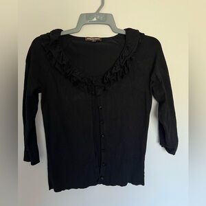 33% Silk Adrienne Vittadini Black Ruffle-Trim Button-Front Cardigan